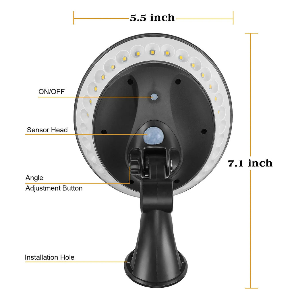 White 360-degree solar-powered outdoor security light with a motion sensor and solar panel on top.