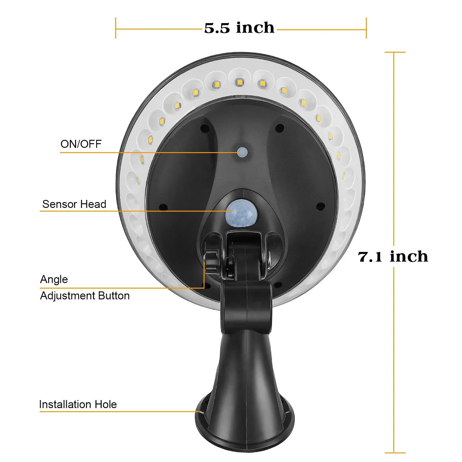 White 360-degree solar-powered outdoor security light with a motion sensor and solar panel on top.