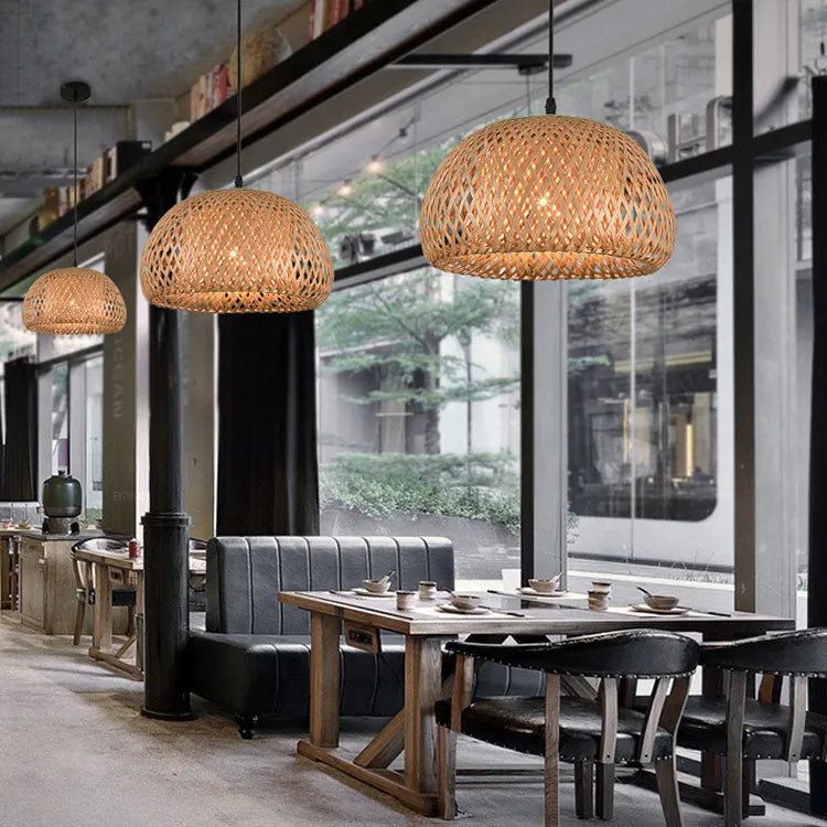 Bamboo woven rattan chandelier 600mm single head hanging light with adjustable 1.2m height
