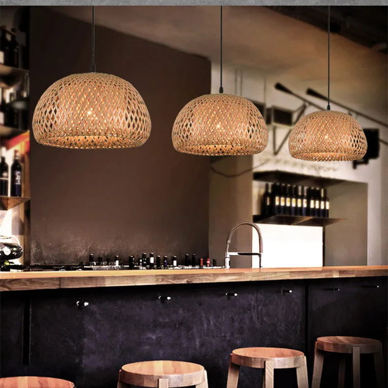 Bamboo woven rattan chandelier 600mm single head hanging light with adjustable 1.2m height