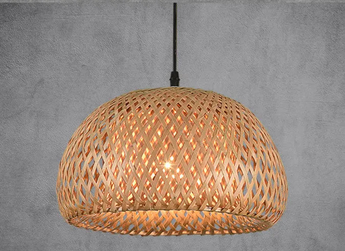 Bamboo woven rattan chandelier 600mm single head hanging light with adjustable 1.2m height