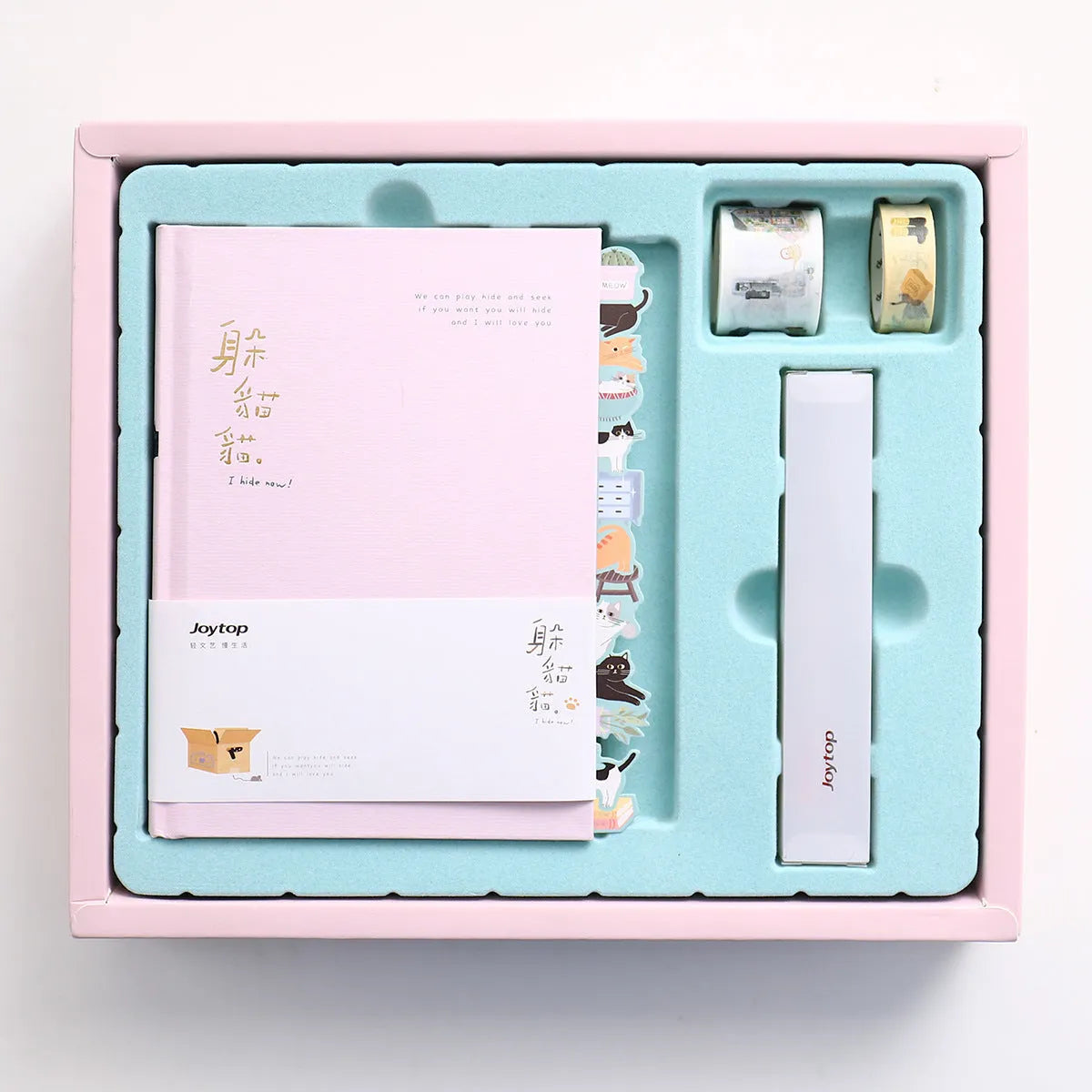 Peekaboo hand ledger journal notebook with pen, shown in blue, green, pink, and purple colour options.