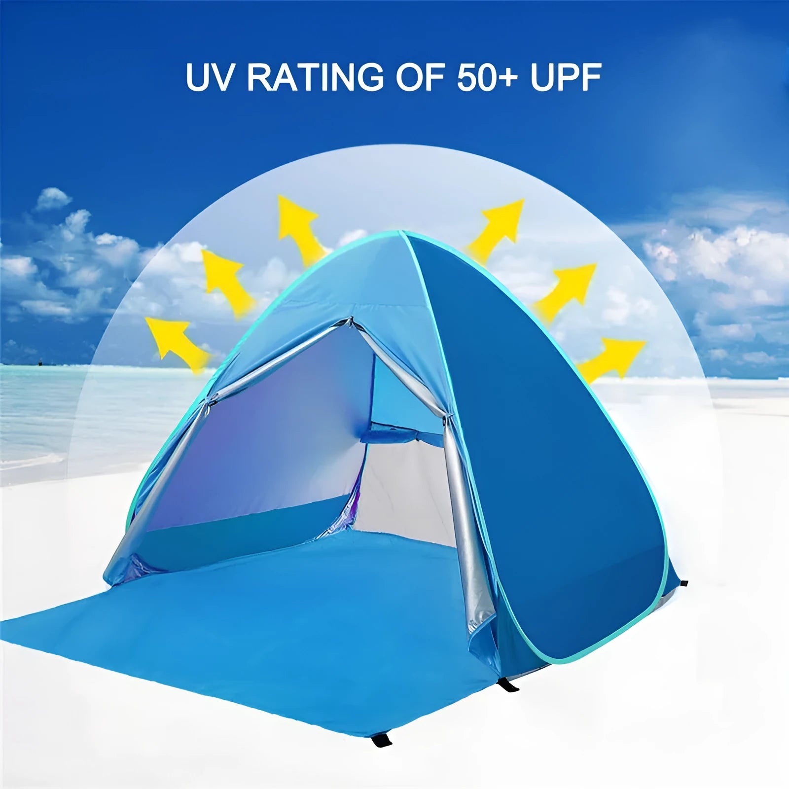 Blue automatic construction-free camping tent with UPF 50+ shading, 165x150x110cm, lightweight pop-up design with handbag