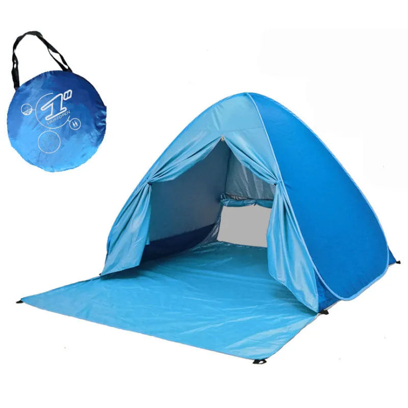 Blue automatic construction-free camping tent with UPF 50+ shading, 165x150x110cm, lightweight pop-up design with handbag