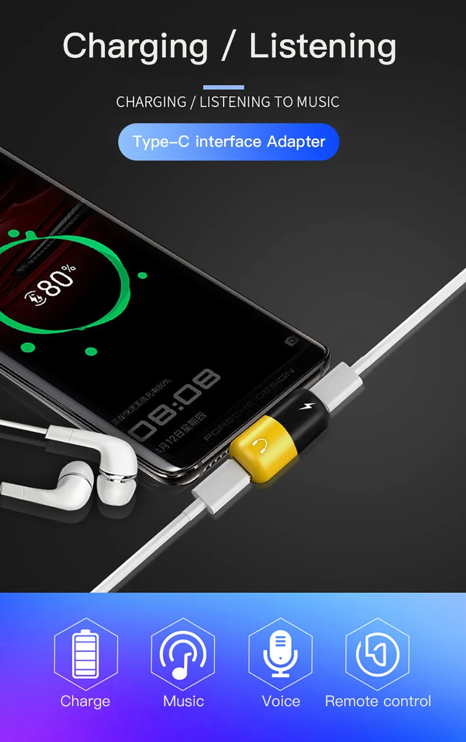 Blue 2-in-1 charging and audio adapter for Huawei and Honor phones with 3.5mm jack