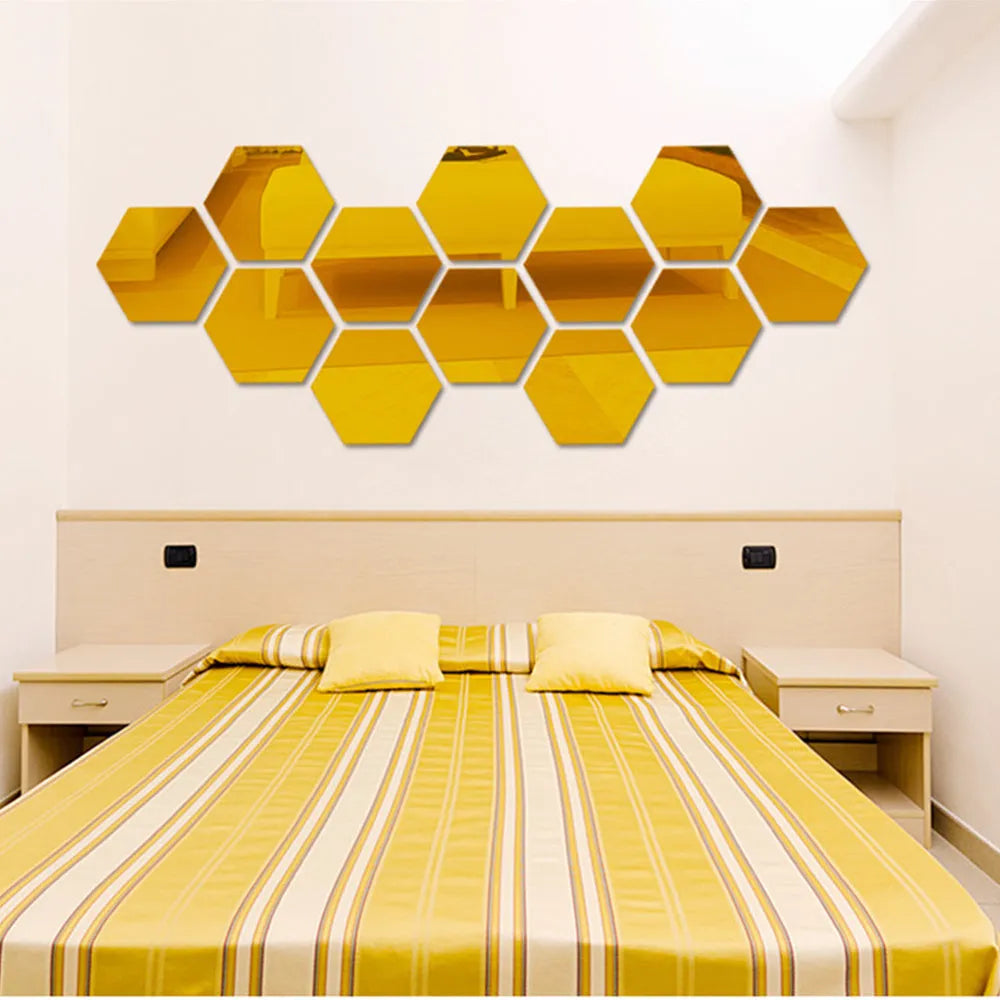 Silver hexagonal acrylic mirror wall sticker with PS build, 100x85x50mm, on a wall surface