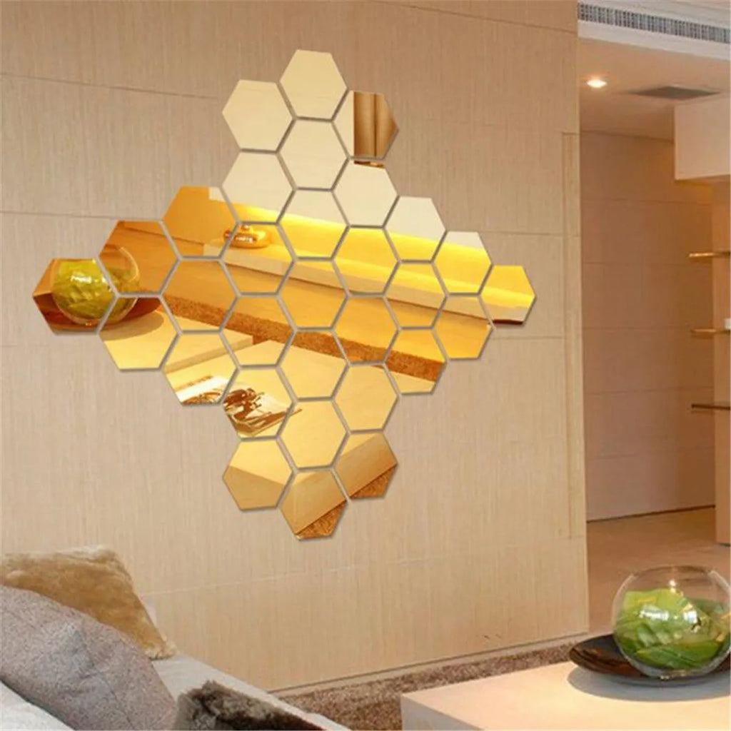 Silver hexagonal acrylic mirror wall sticker with PS build, 100x85x50mm, on a wall surface