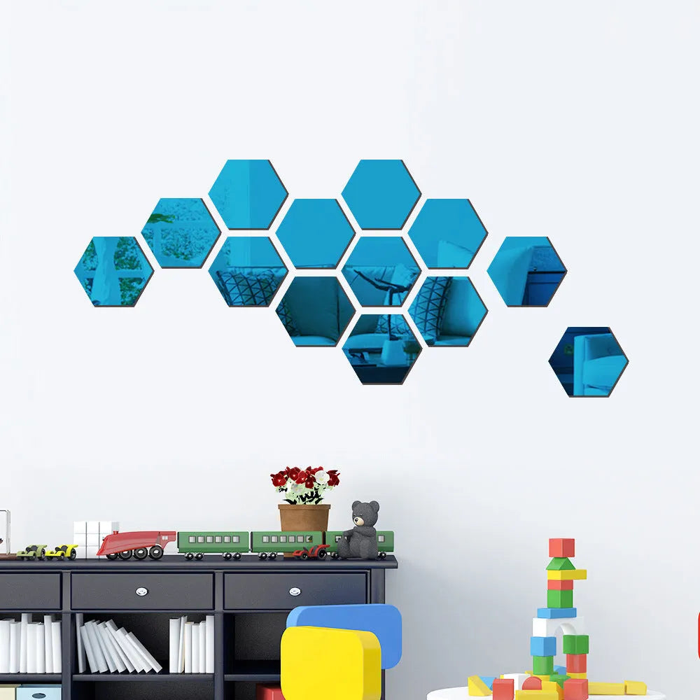 Silver hexagonal acrylic mirror wall sticker with PS build, 100x85x50mm, on a wall surface