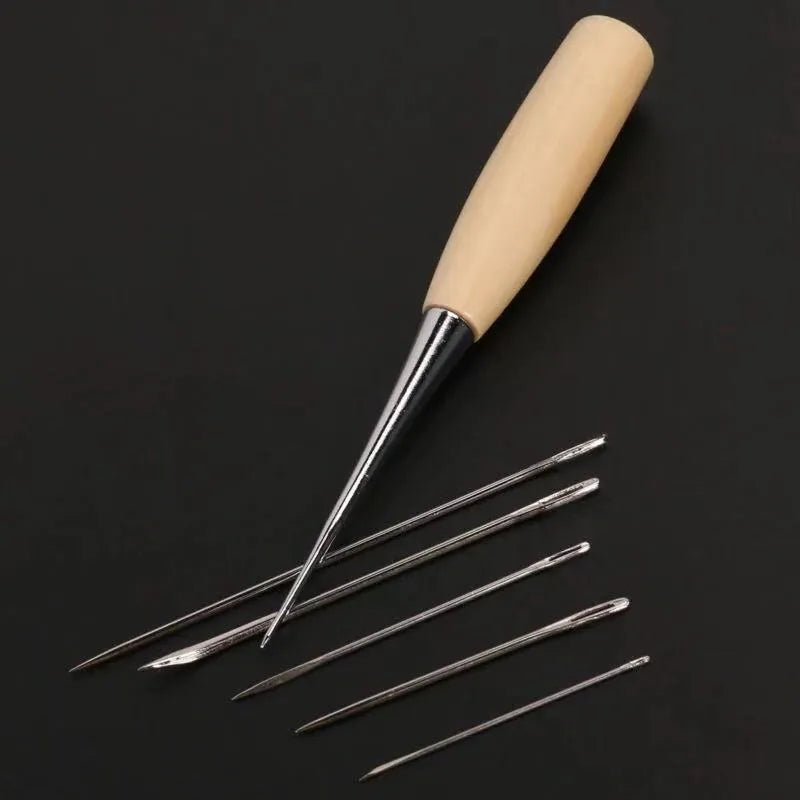Four-piece leather tool set with alloy steel hand-stitching tools in black storage case