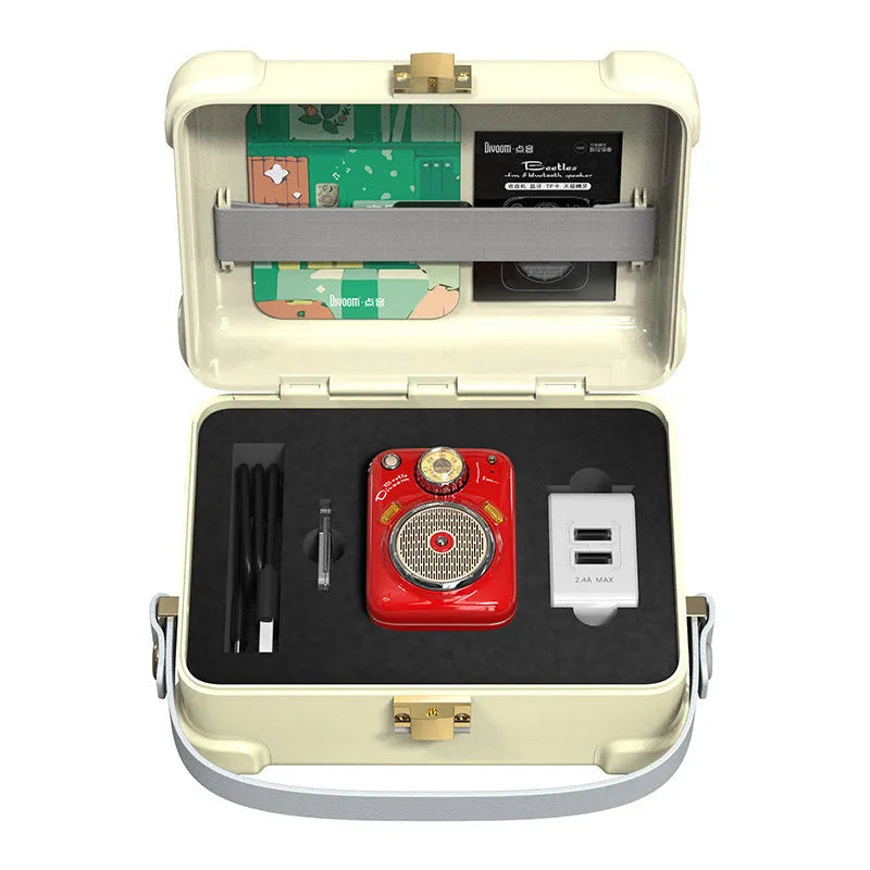 Compact FM Four in One Smart Bluetooth Speaker in green, pink, red, or white.