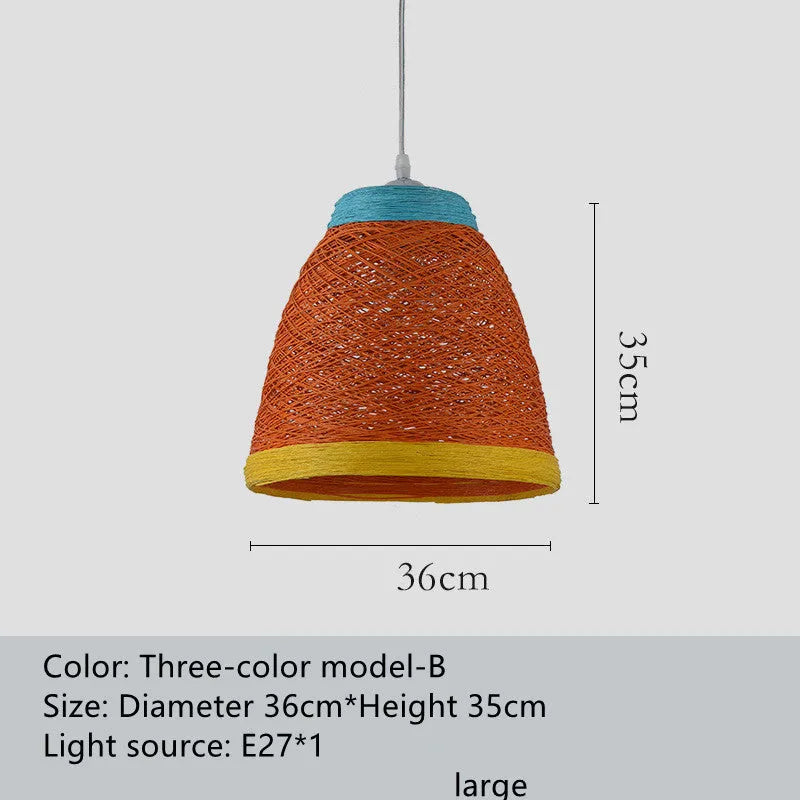 Natural woven rattan hanging lamp with adjustable cord in a light coffee colour, suspended from a ceiling.