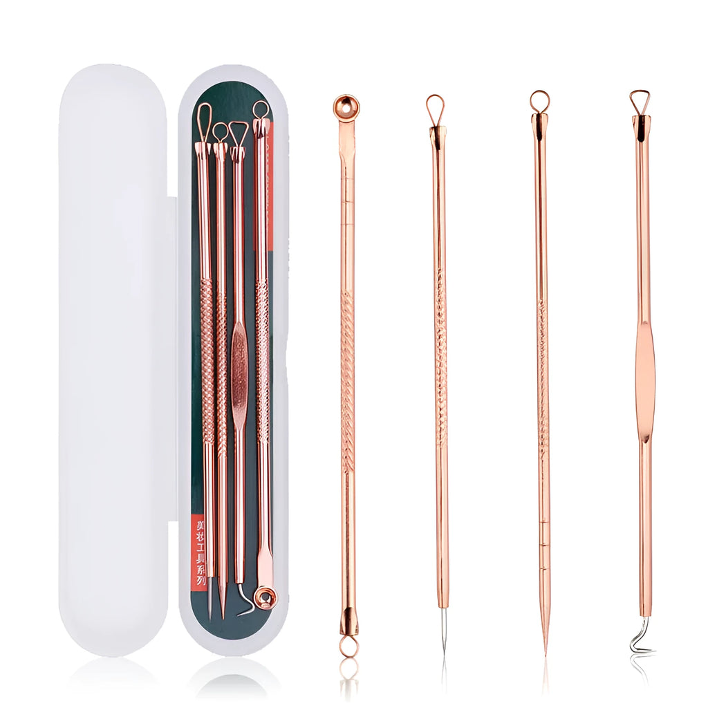Rose gold acne needle set with four stainless steel tools on a white background