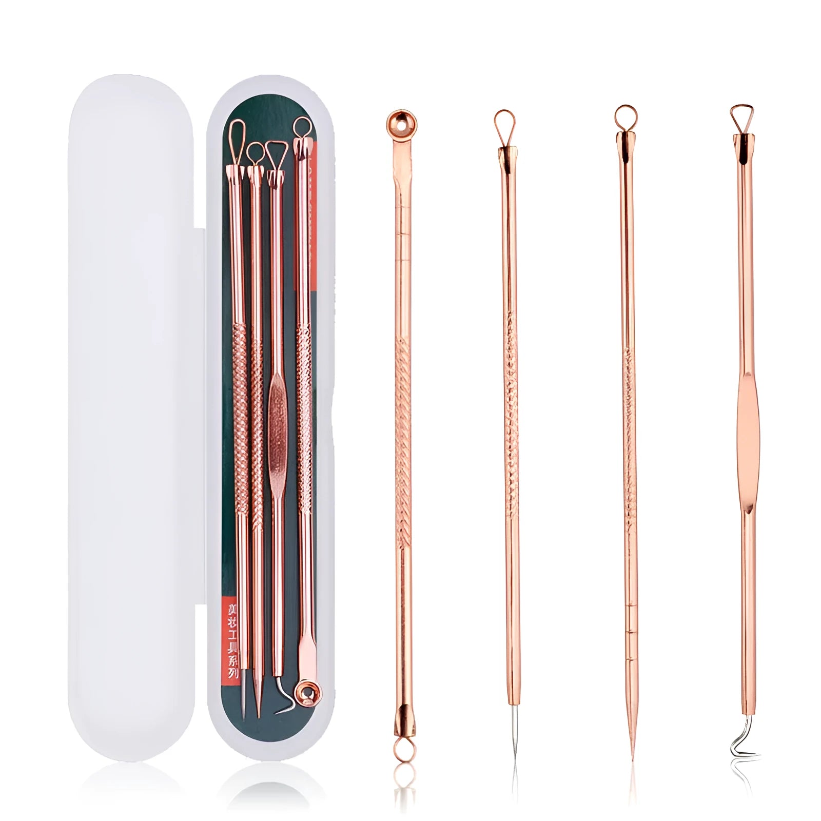 Rose gold acne needle set with four stainless steel tools on a white background
