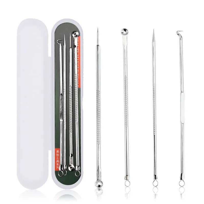 Rose gold acne needle set with four stainless steel tools on a white background
