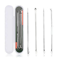 Rose gold acne needle set with four stainless steel tools on a white background
