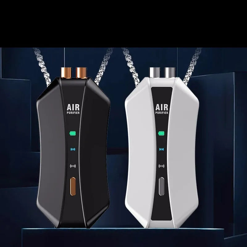 Negative ion air purifier necklace type worn around neck, black ABS+PC body with LCD screen
