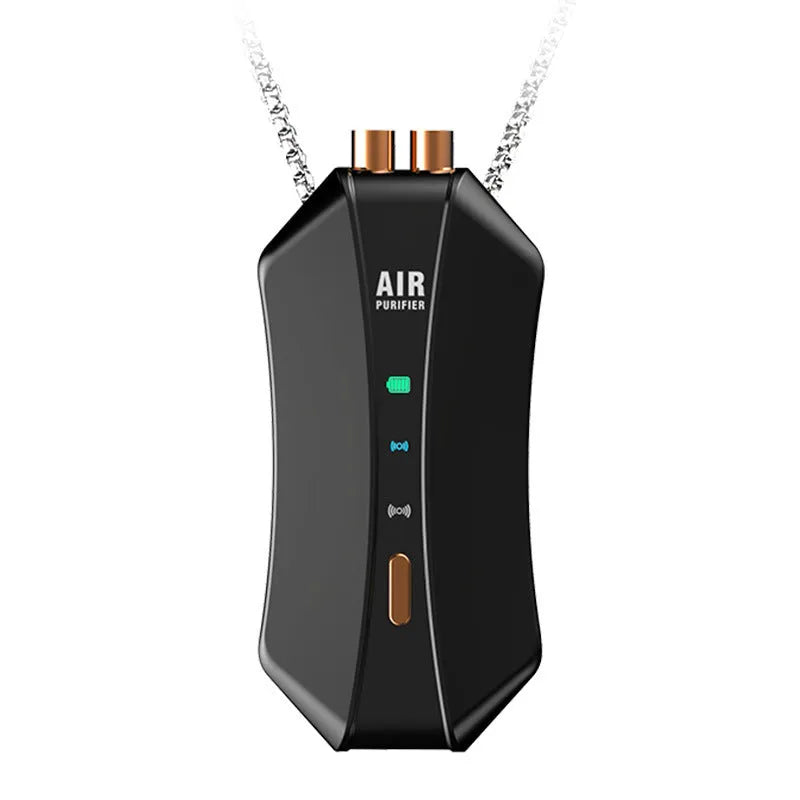 Negative ion air purifier necklace type worn around neck, black ABS+PC body with LCD screen