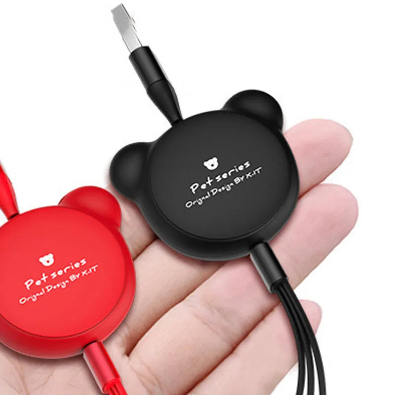 Telescopic bear-shaped USB data cable with triple connector extended to 1.2 metres