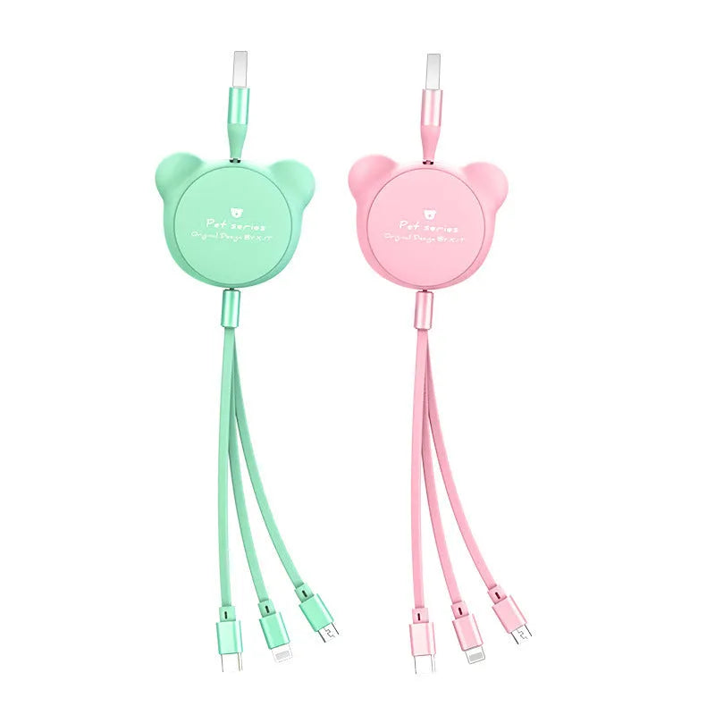 Telescopic bear-shaped USB data cable with triple connector extended to 1.2 metres
