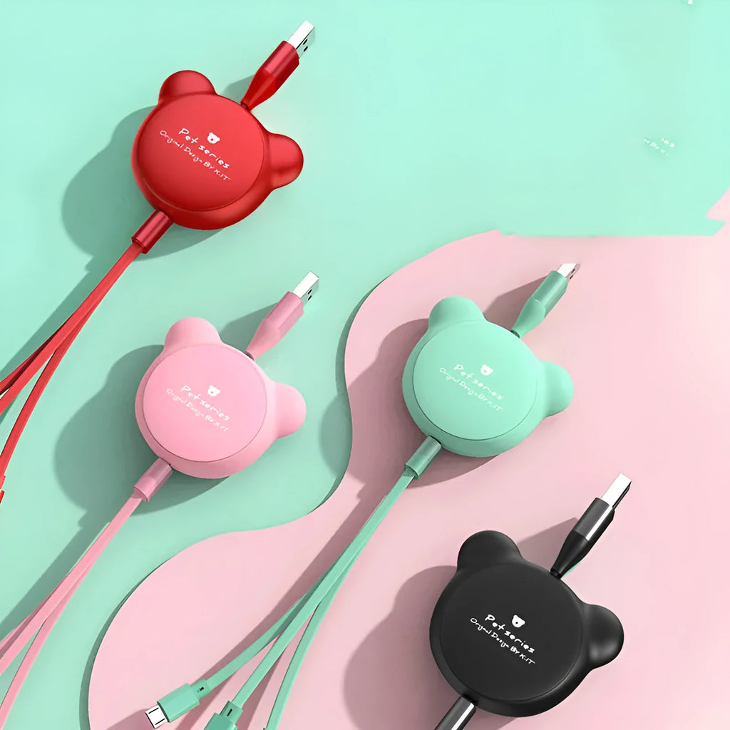Telescopic bear-shaped USB data cable with triple connector extended to 1.2 metres