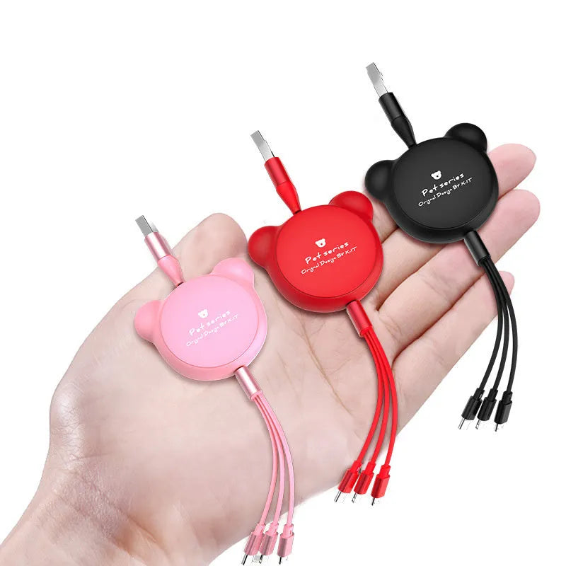 Telescopic bear-shaped USB data cable with triple connector extended to 1.2 metres