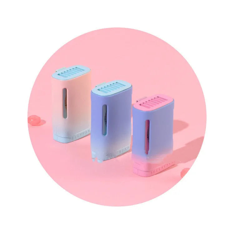 Jelly brand mint peach coloured USB rechargeable hanging neck fan and handheld mini fan.