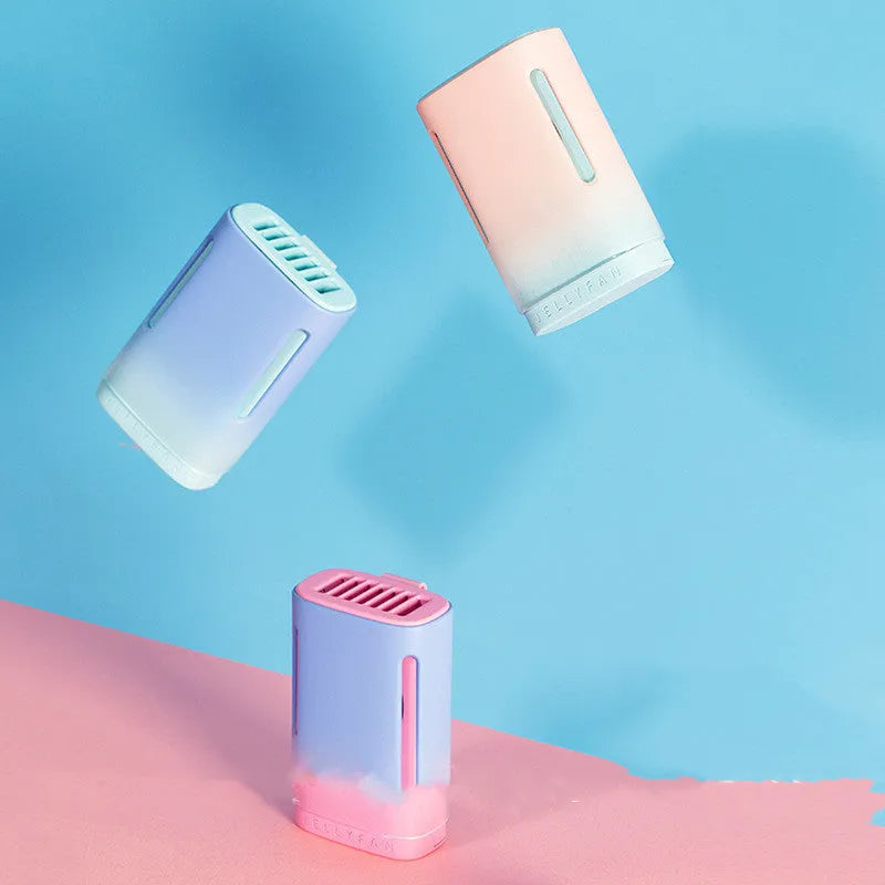 Jelly brand mint peach coloured USB rechargeable hanging neck fan and handheld mini fan.