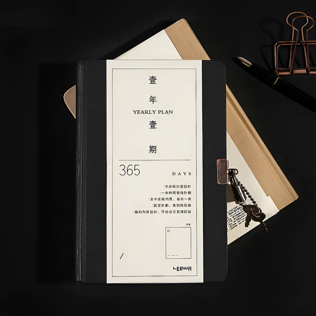 A5 hardcover locked diary notebook in black or beige camel colour with key.