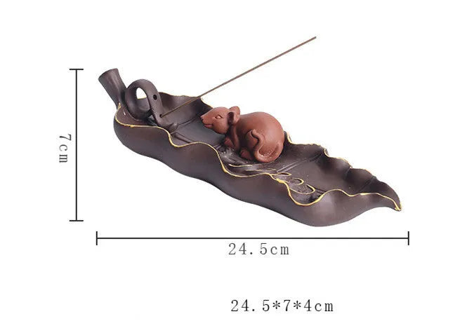 Purple clay ceramic lying incense holder with golden rat decoration