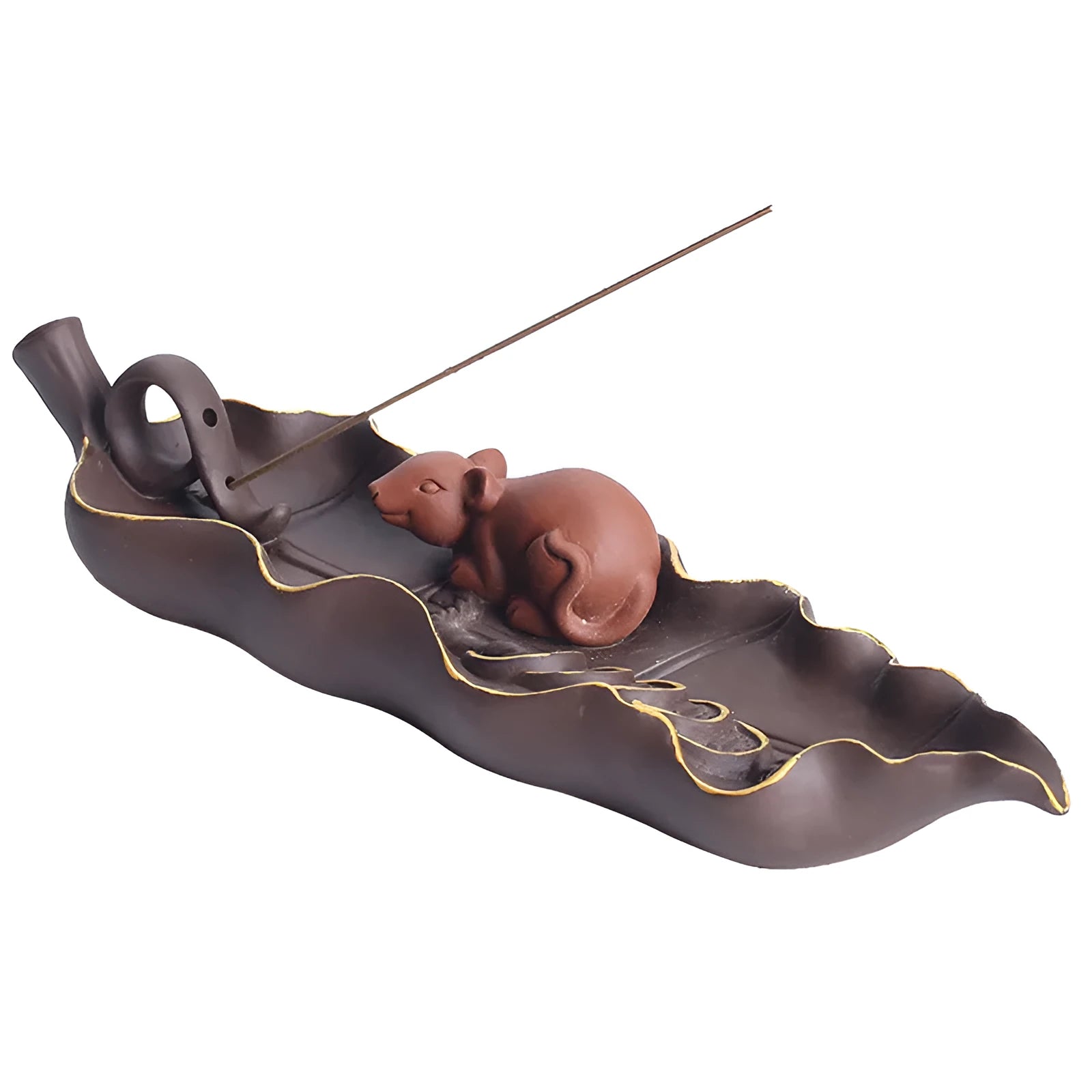 Purple clay ceramic lying incense holder with golden rat decoration