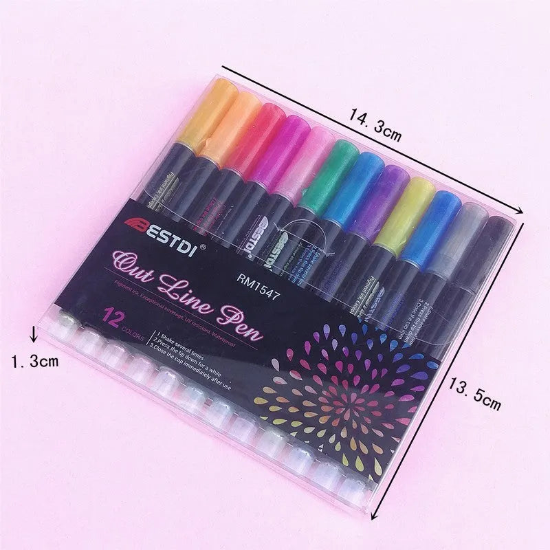 Boxed set of 12 double-line contour pens with plastic shells in various colours.