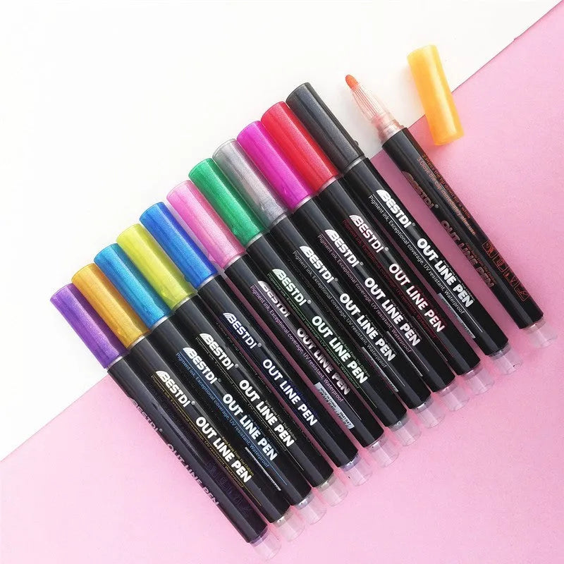 Boxed set of 12 double-line contour pens with plastic shells in various colours.