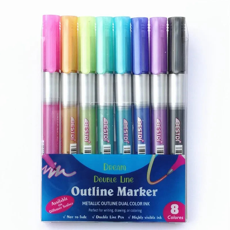Boxed set of 12 double-line contour pens with plastic shells in various colours.