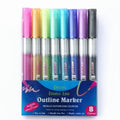 Boxed set of 12 double-line contour pens with plastic shells in various colours.
