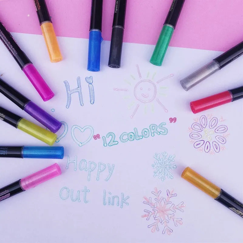 Boxed set of 12 double-line contour pens with plastic shells in various colours.