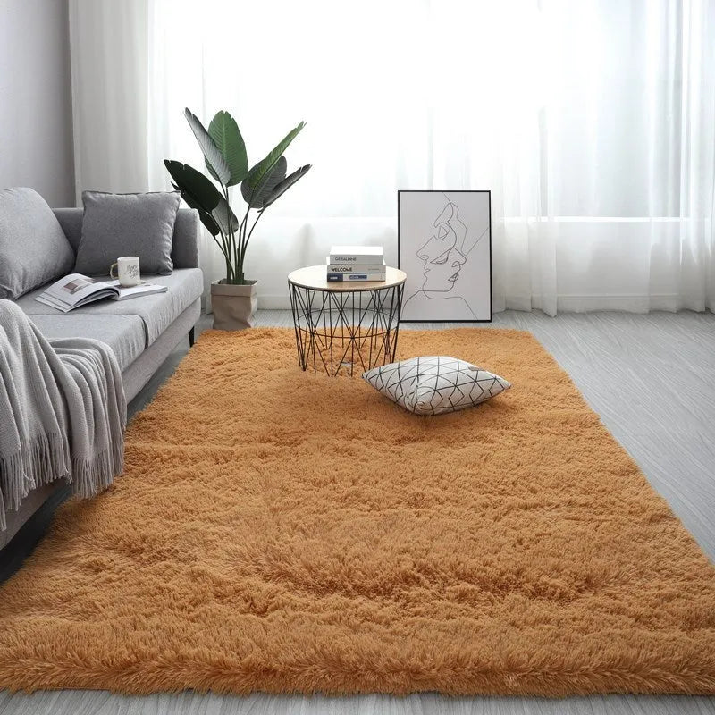 Nordic style fluffy rectangle carpet in light yellow colour showing plush texture and plain pattern