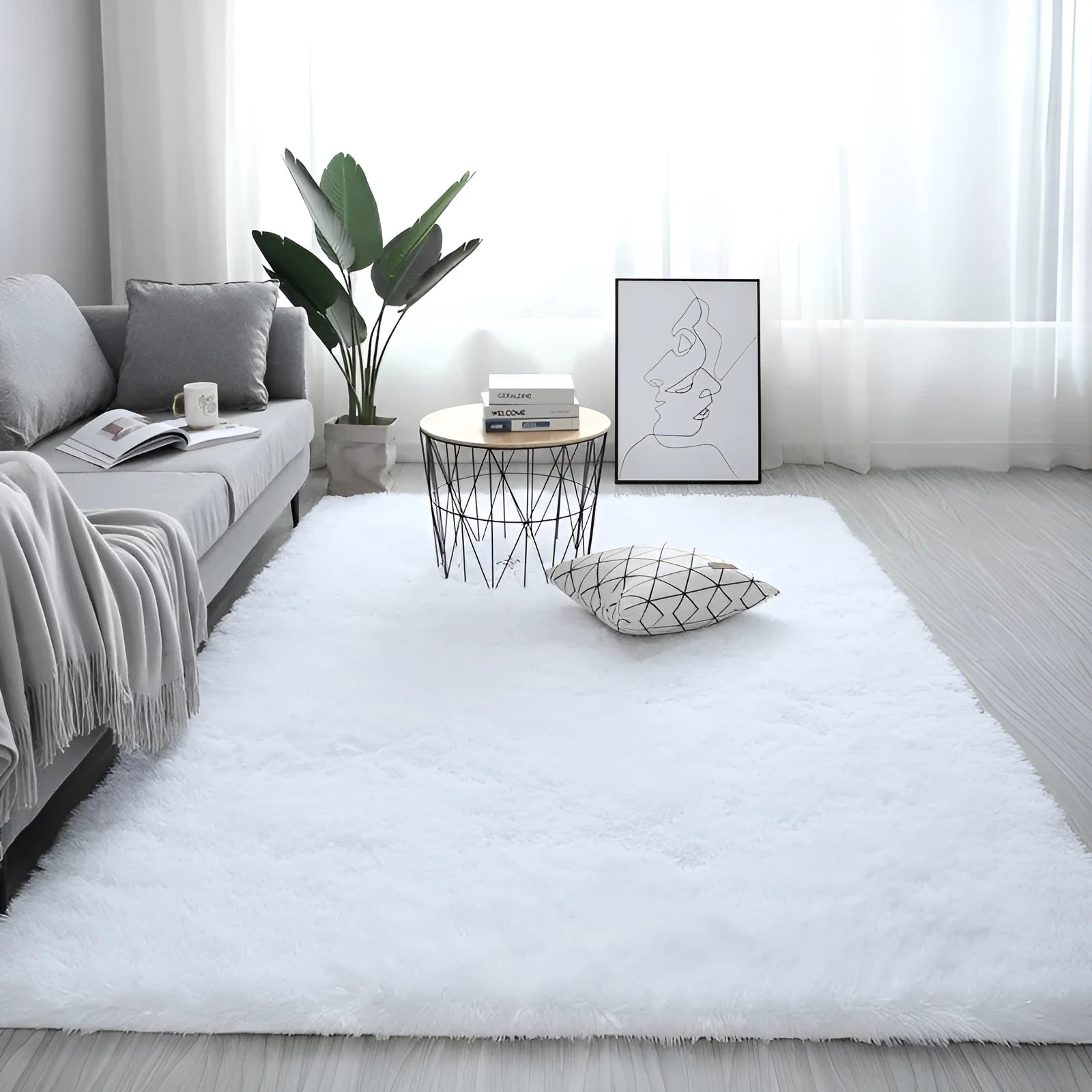 Nordic style fluffy rectangle carpet in light yellow colour showing plush texture and plain pattern