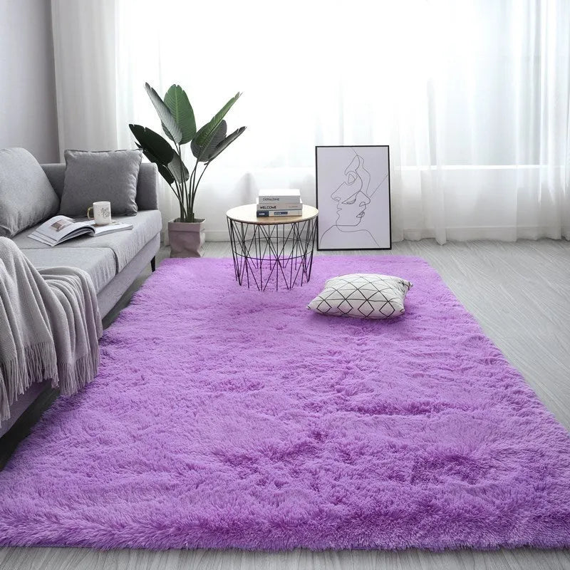 Nordic style fluffy rectangle carpet in light yellow colour showing plush texture and plain pattern