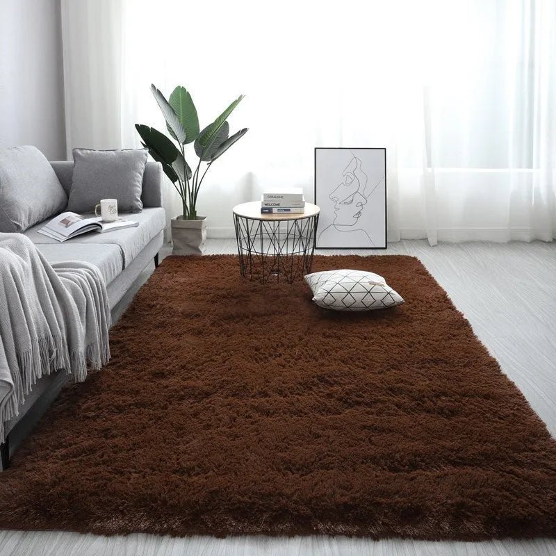 Nordic style fluffy rectangle carpet in light yellow colour showing plush texture and plain pattern