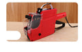 Manual price coding machine in blue, red, or yellow with ink roller and paper rolls.