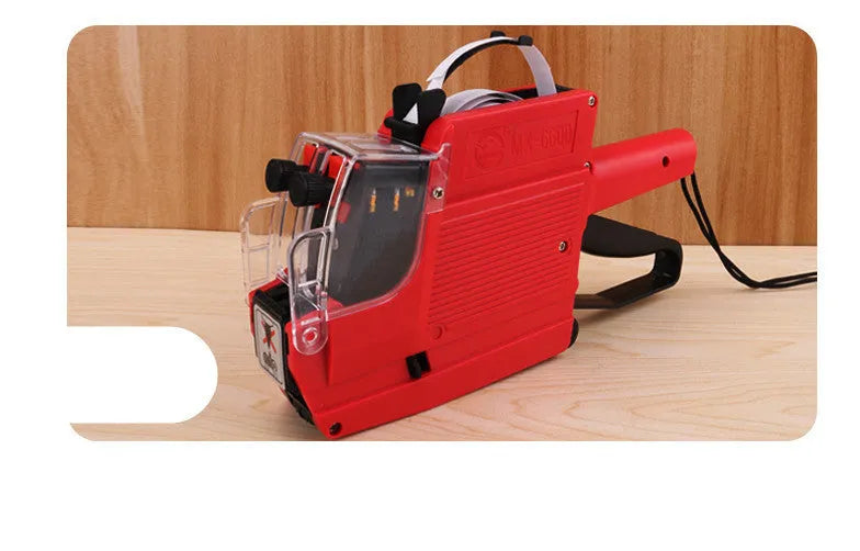 Manual price coding machine in blue, red, or yellow with ink roller and paper rolls.
