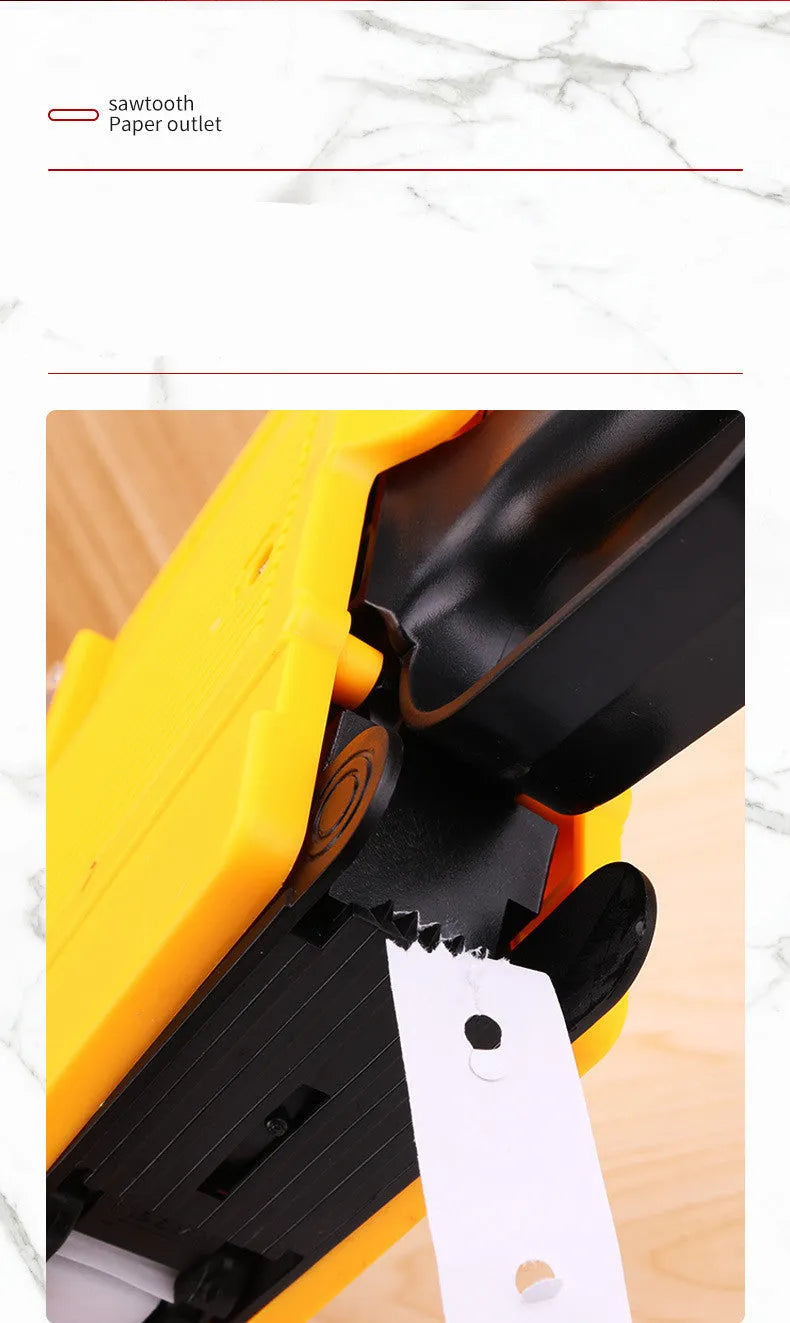 Manual price coding machine in blue, red, or yellow with ink roller and paper rolls.