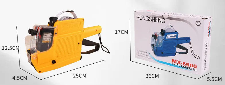 Manual price coding machine in blue, red, or yellow with ink roller and paper rolls.