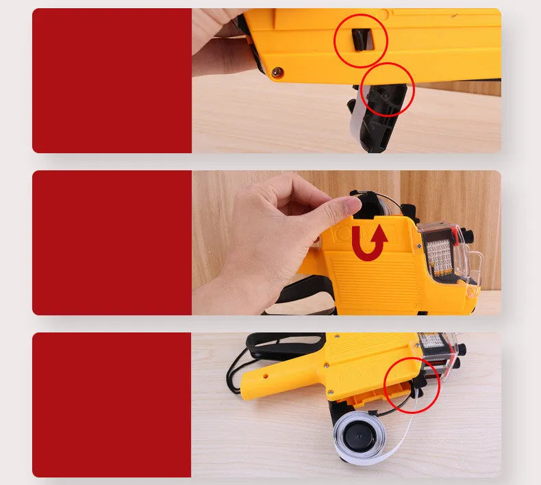Manual price coding machine in blue, red, or yellow with ink roller and paper rolls.