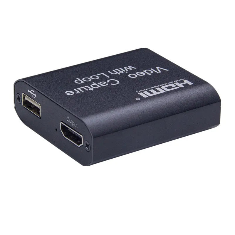 Black HDMI 4K video capture card with loop out and USB interface for computer or smartphone.