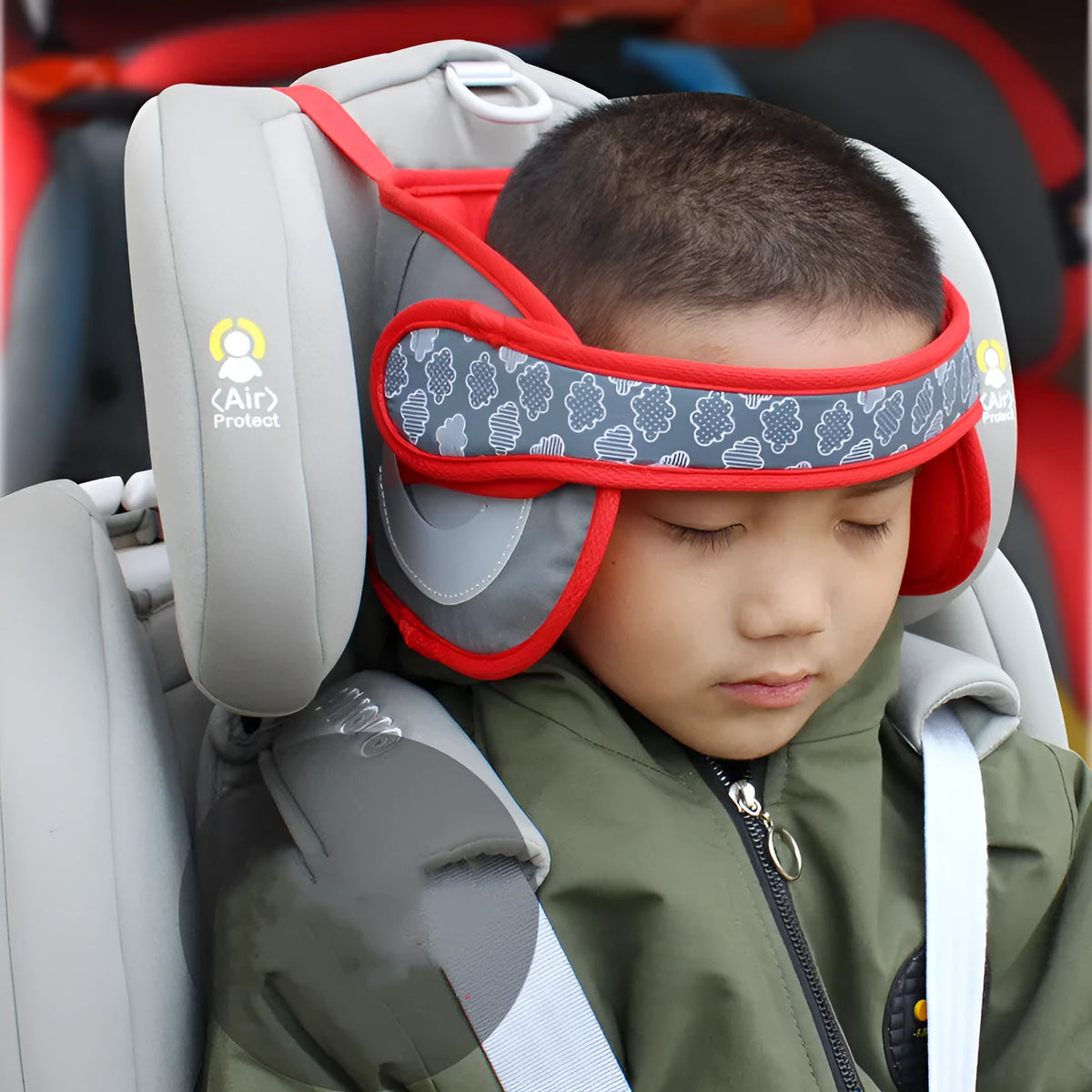 Children's car travel sleeping pillow in peacock blue or big red with polyester cover and sponge filler, supplied as one headrest pillow.