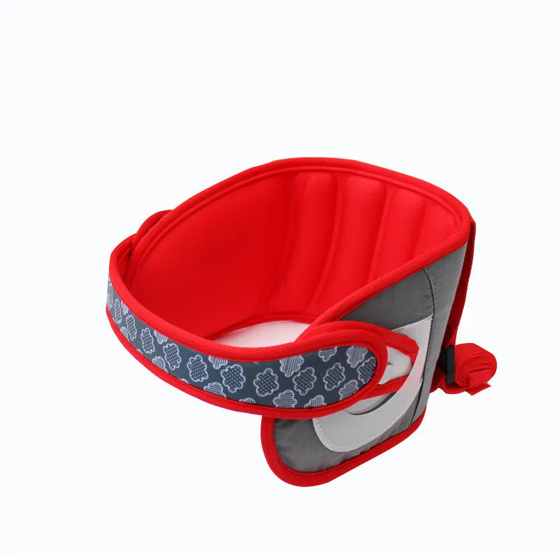 Children's car travel sleeping pillow in peacock blue or big red with polyester cover and sponge filler, supplied as one headrest pillow.