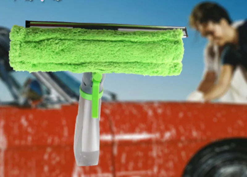 Green multi-function water spray brush with integrated spray design for car wash and household glass wiping, one size fits all