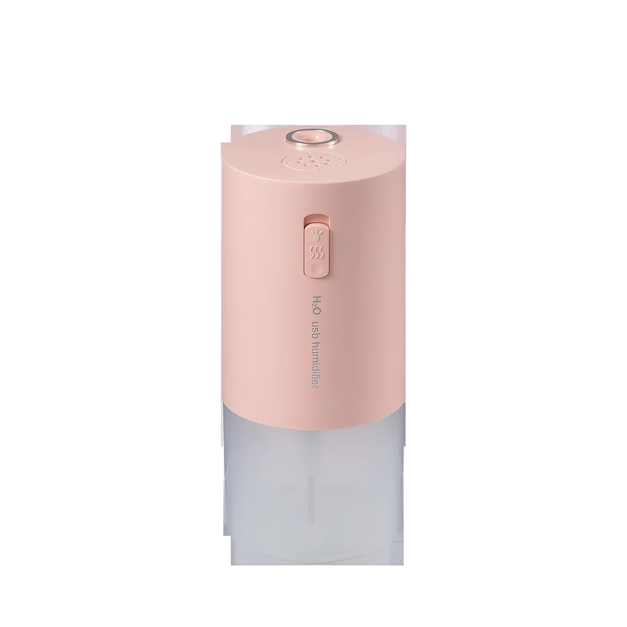 Blue columnar USB desktop humidifier with water tank and aromatherapy function on a wooden table.