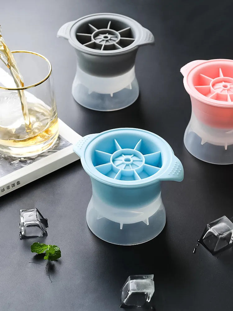 Silicone ice tray showing hockey puck, round, and pentagon shaped moulds in various colour options
